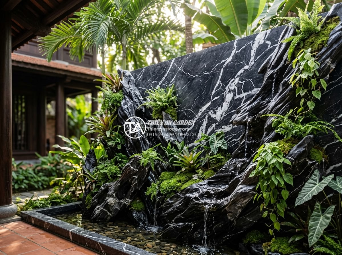 Giải mã sức hút của tiểu cảnh vách tường đá cuội tự nhiên - Vertical garden feature wall constructed with natural river pebbles in varied ea