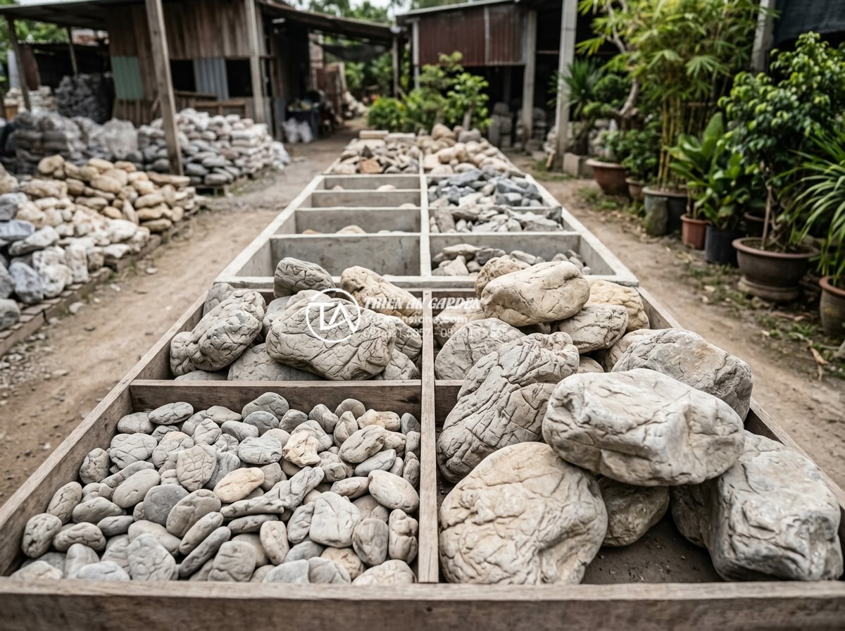 Giải mã sức hút của tiểu cảnh vách tường đá cuội tự nhiên - Assorted natural river pebbles in different colors and sizes arranged for select