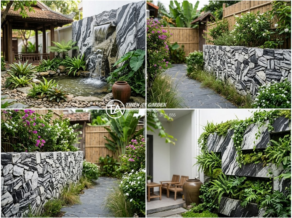 Giải mã sức hút của tiểu cảnh vách tường đá cuội tự nhiên - Multiple design concepts for pebble stone wall scenes including waterfall integr