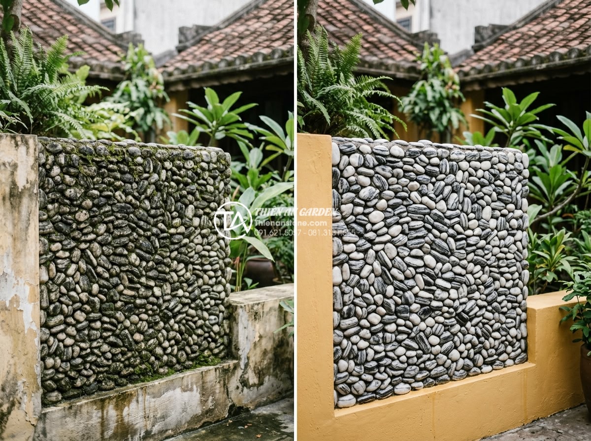 Giải mã sức hút của tiểu cảnh vách tường đá cuội tự nhiên - Before and after images demonstrating proper maintenance results on aged pebble 