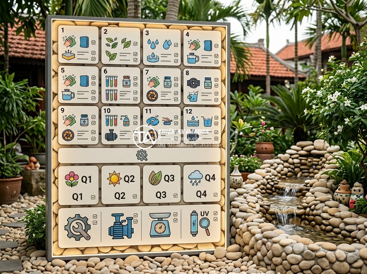 Hệ thống lọc tiểu cảnh nước: Bí quyết giữ dòng nước luôn trong vắt và không mùi - Calendar style infographic showing monthly, quarterly and annual maintenance sch