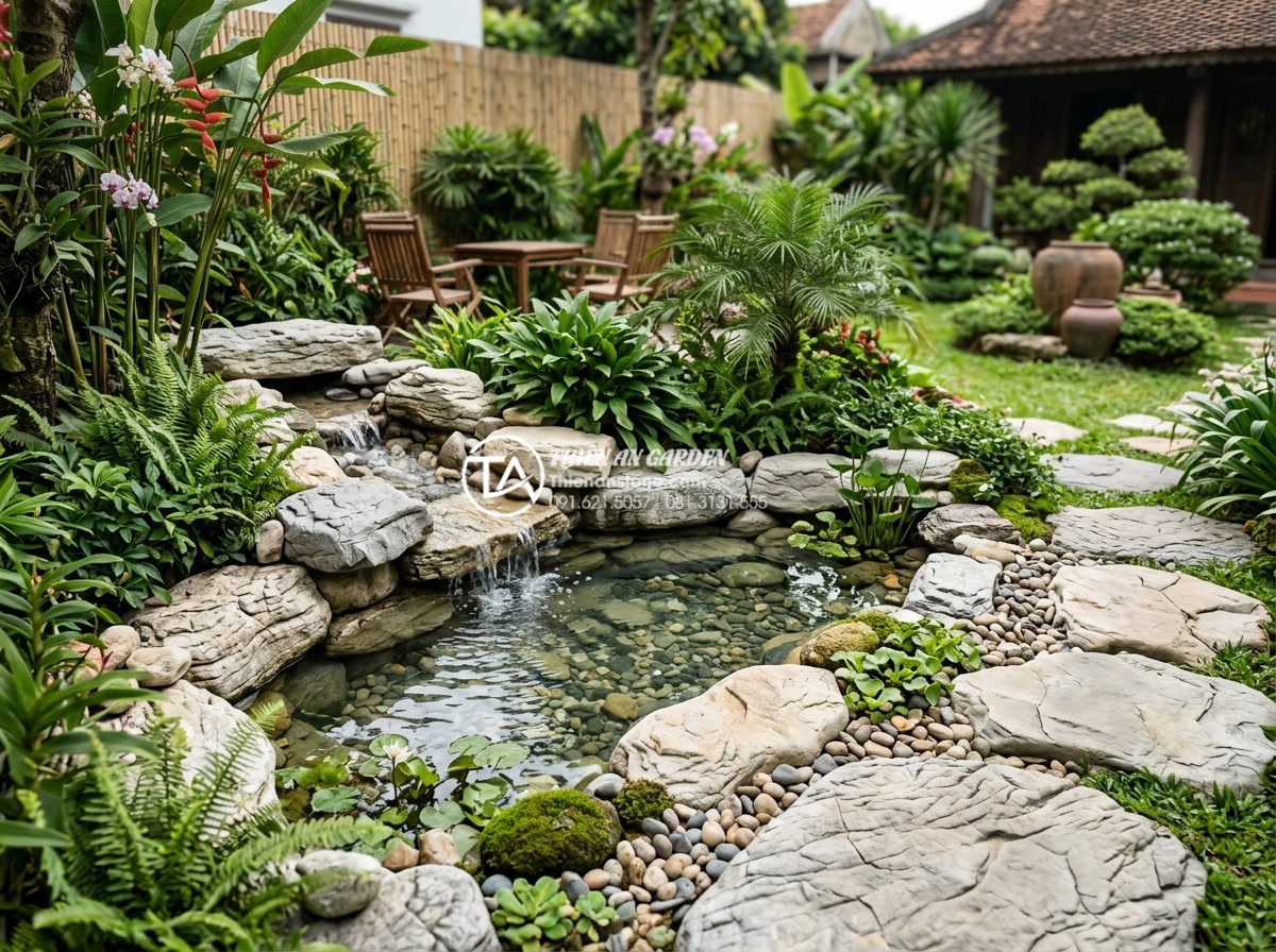 Hệ thống lọc tiểu cảnh nước: Bí quyết giữ dòng nước luôn trong vắt và không mùi - Happy Vietnamese family enjoying crystal clear mini water feature in their beaut