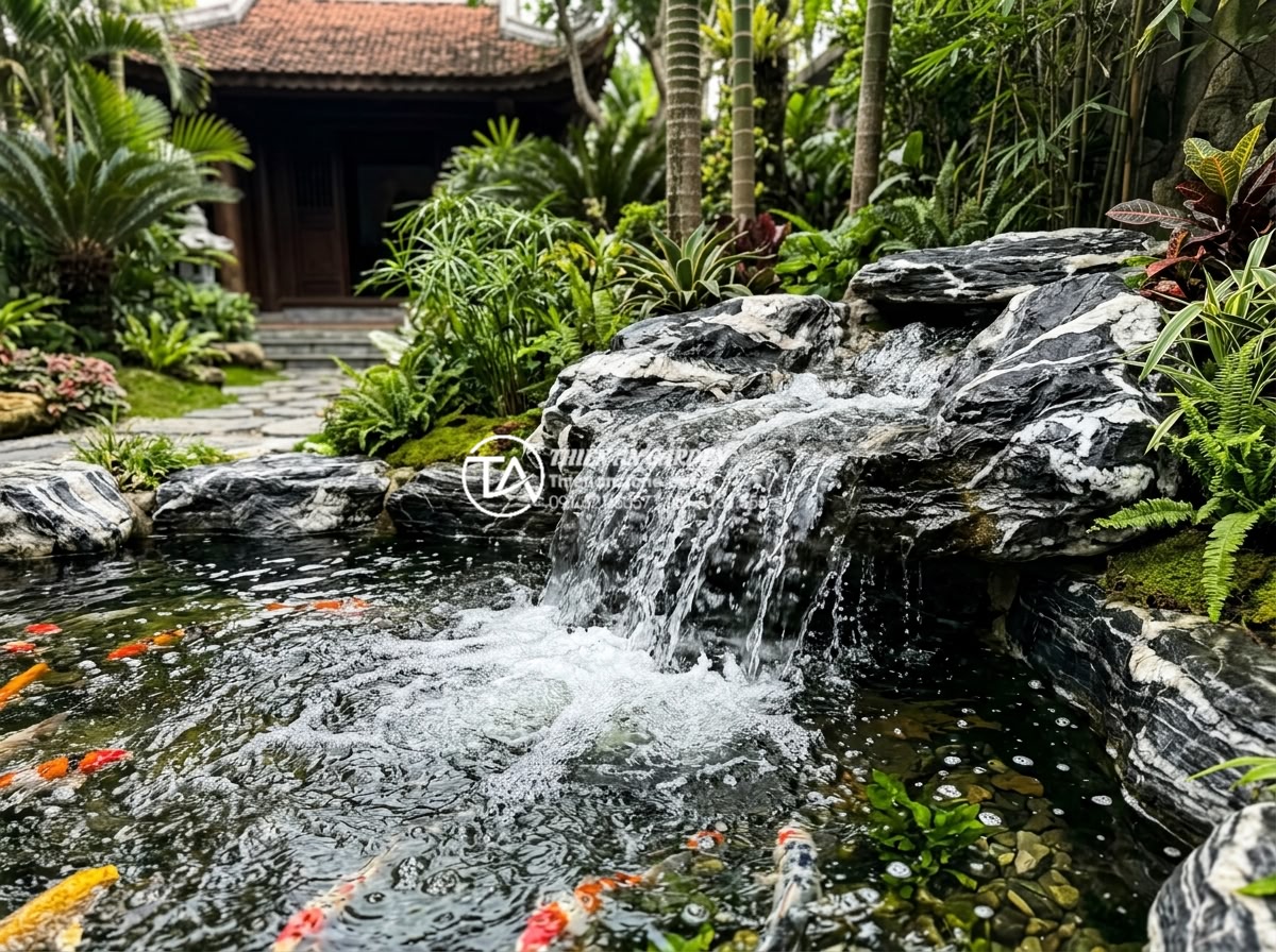 Hệ thống lọc tiểu cảnh nước: Bí quyết giữ dòng nước luôn trong vắt và không mùi - High resolution photo of water flow dynamics in a professional koi pond filtrati