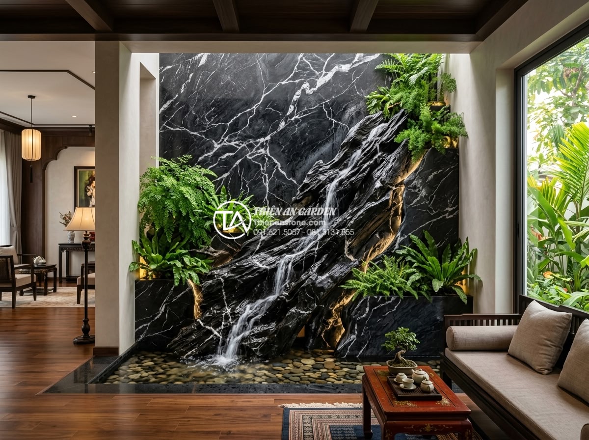 Hỏi đáp: Chi phí vận hành tiểu cảnh tường nước hàng tháng có đắt không? - High-resolution professional photograph of an elegant indoor natural stone water