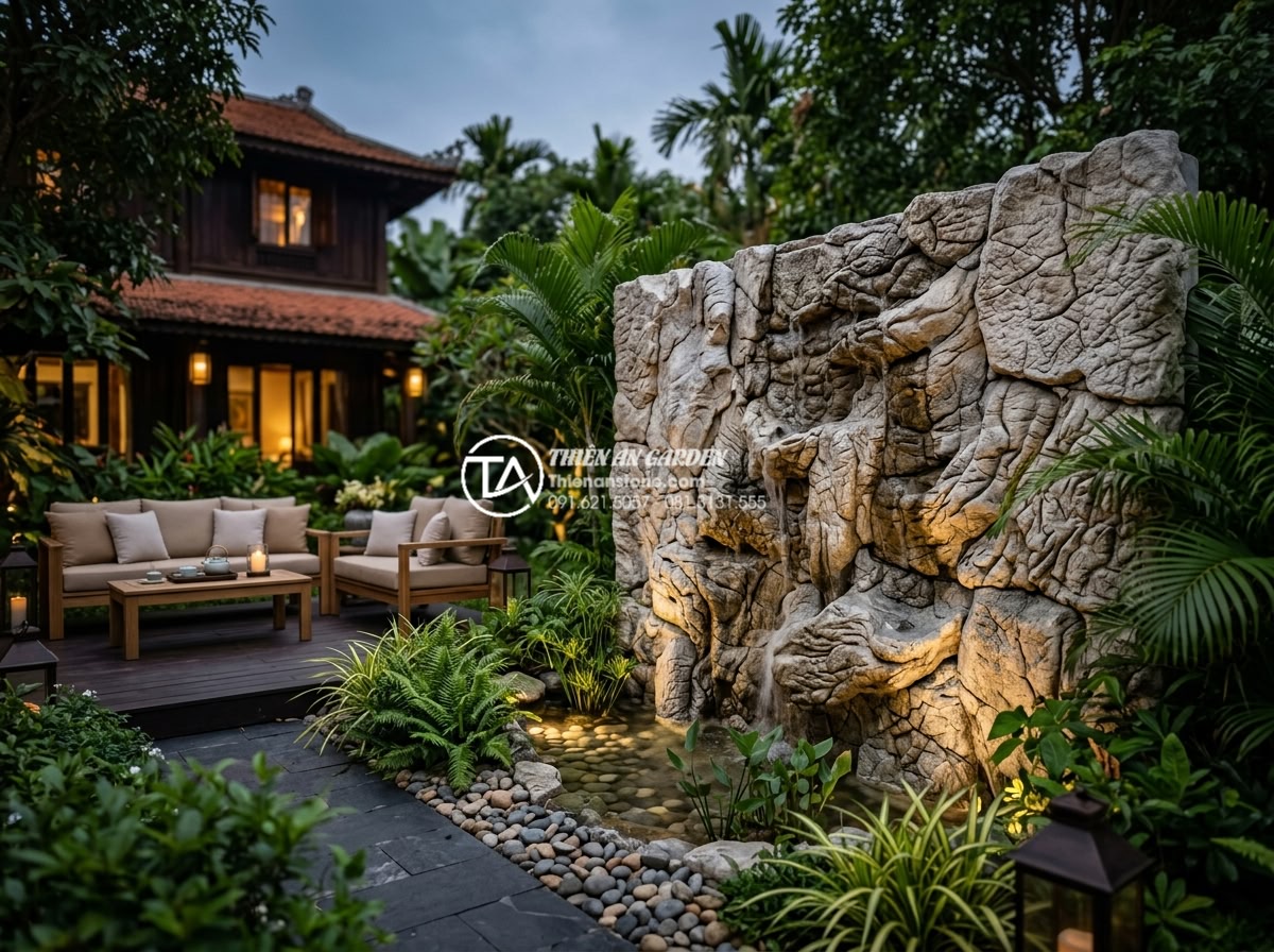 Hỏi đáp: Chi phí vận hành tiểu cảnh tường nước hàng tháng có đắt không? - Warm inviting final image of a completed luxurious natural stone water wall at d