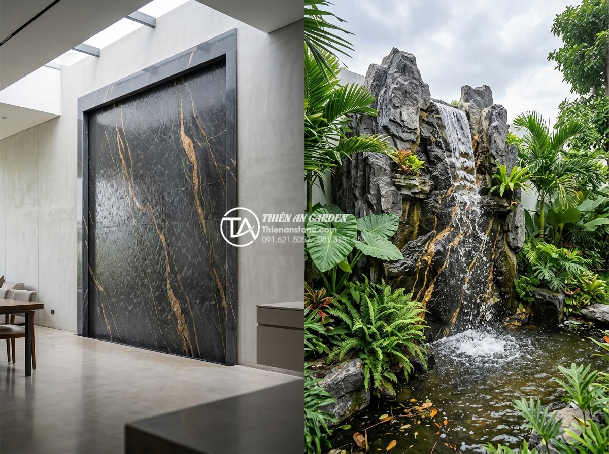 Hỏi đáp: Chi phí vận hành tiểu cảnh tường nước hàng tháng có đắt không? - Wide angle realistic photo of two contrasting natural stone water wall installat