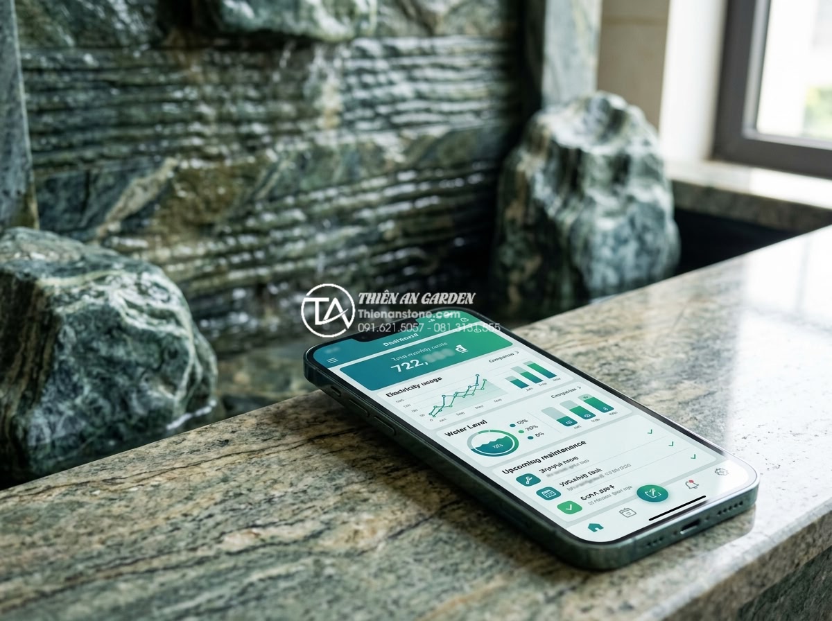 Hỏi đáp: Chi phí vận hành tiểu cảnh tường nước hàng tháng có đắt không? - Realistic screenshot-style image of a mobile app dashboard monitoring monthly op