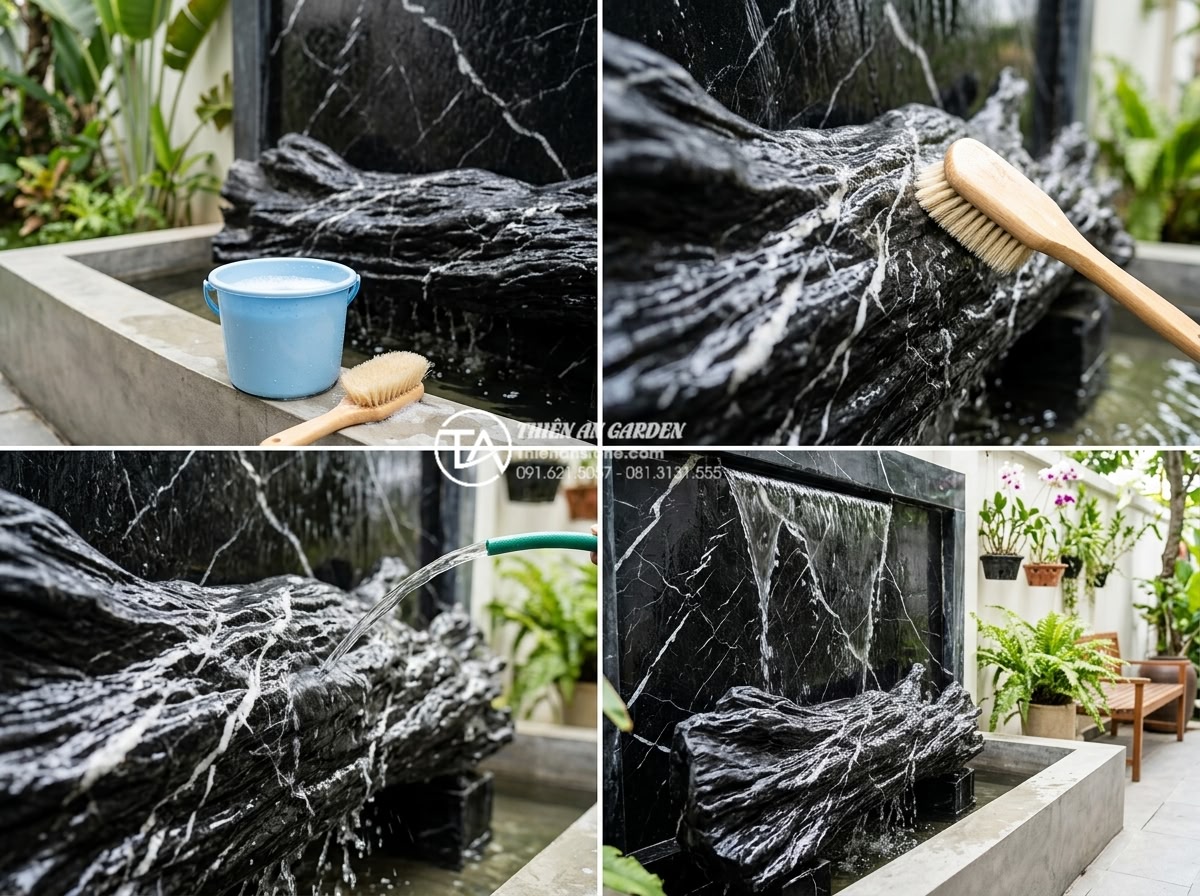 Hỏi đáp: Chi phí vận hành tiểu cảnh tường nước hàng tháng có đắt không? - Practical step-by-step realistic photo series of homeowner performing simple mon