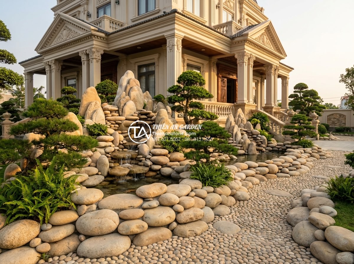 Hòn non bộ cho biệt thự tân cổ điển: Sự giao thoa giữa đá và kiến trúc Pháp - Photorealistic wide-angle view of a luxurious neoclassical French-style villa in