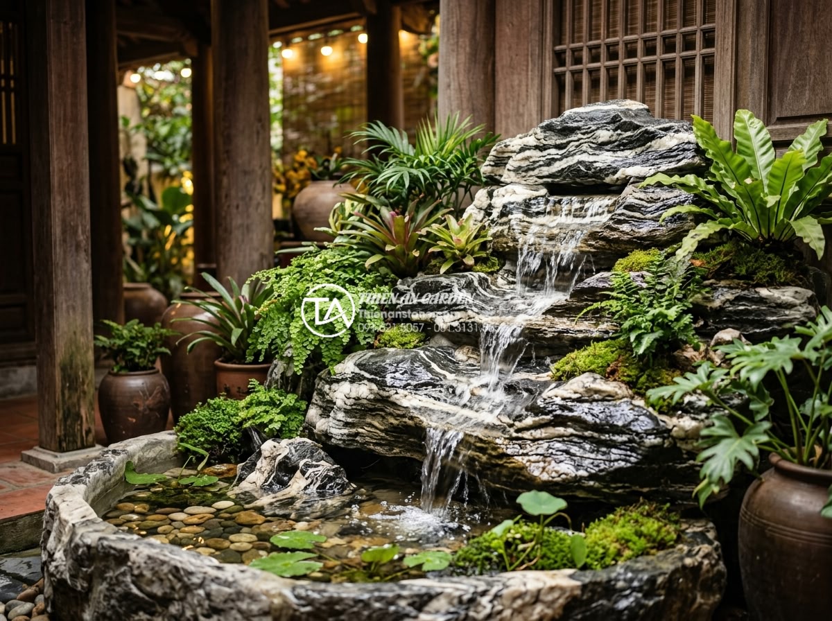 Hướng dẫn cách làm tiểu cảnh nước mini tại nhà chỉ với 500k - Finished beautiful mini cascading stone water feature with plants and soft light