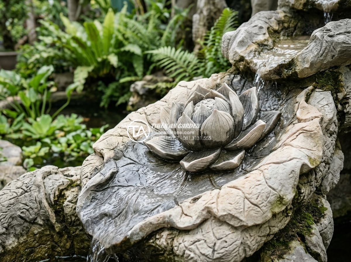 Hướng dẫn cách làm tiểu cảnh nước mini tại nhà chỉ với 500k - Close up of hand carved stone lotus flower detail in DIY mini waterfall, water g