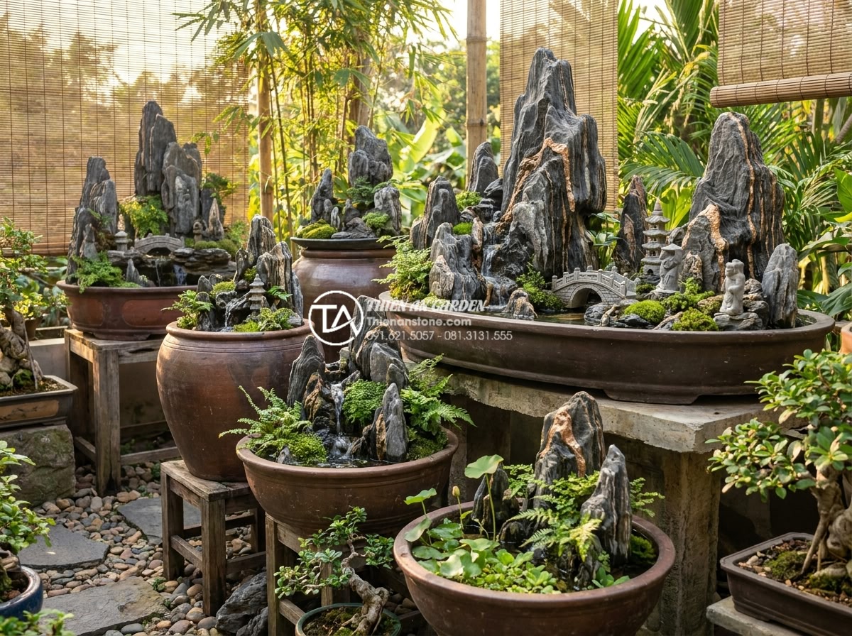 Hướng dẫn cách làm tiểu cảnh trong chum tại nhà đơn giản và chuẩn kỹ thuật - Wide angle view of a luxurious home garden corner with multiple miniature jar la