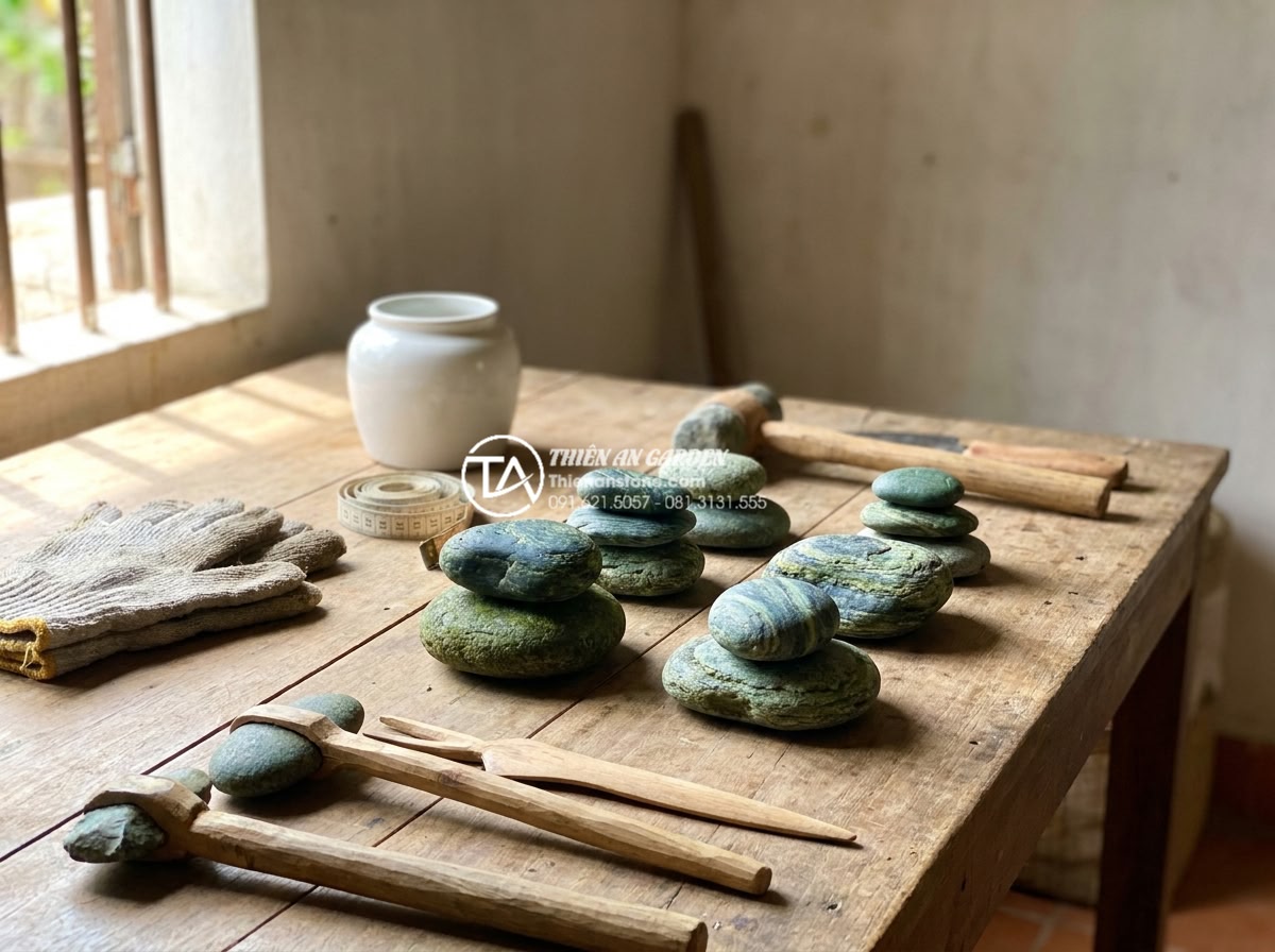 Hướng dẫn cách làm tiểu cảnh trong chum tại nhà đơn giản và chuẩn kỹ thuật - Organized workspace setup for creating jar landscape with safety gloves, natural