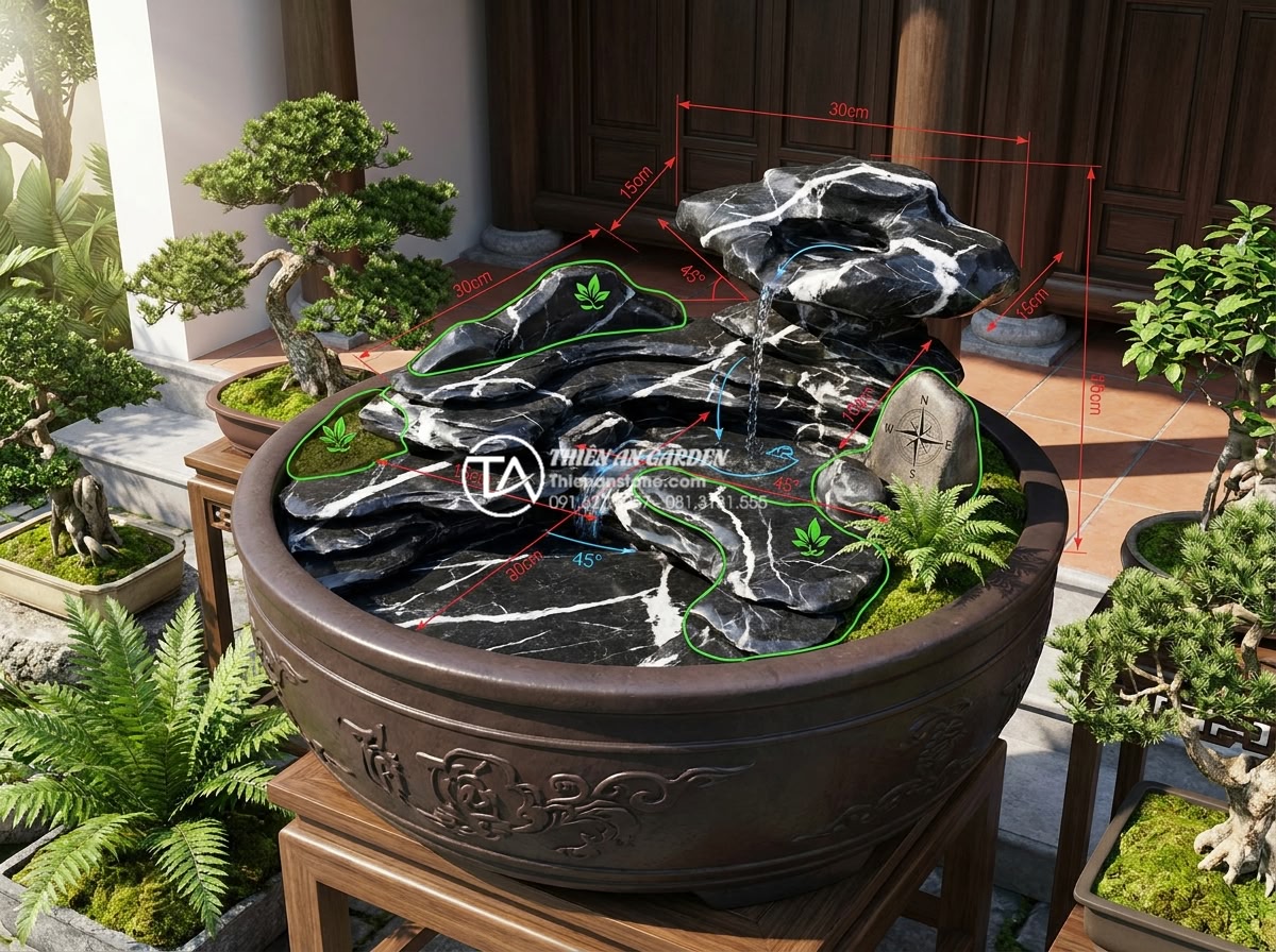 Hướng dẫn cách làm tiểu cảnh trong chum tại nhà đơn giản và chuẩn kỹ thuật - Professional 3D rendering of balanced jar landscape design showing layered stone