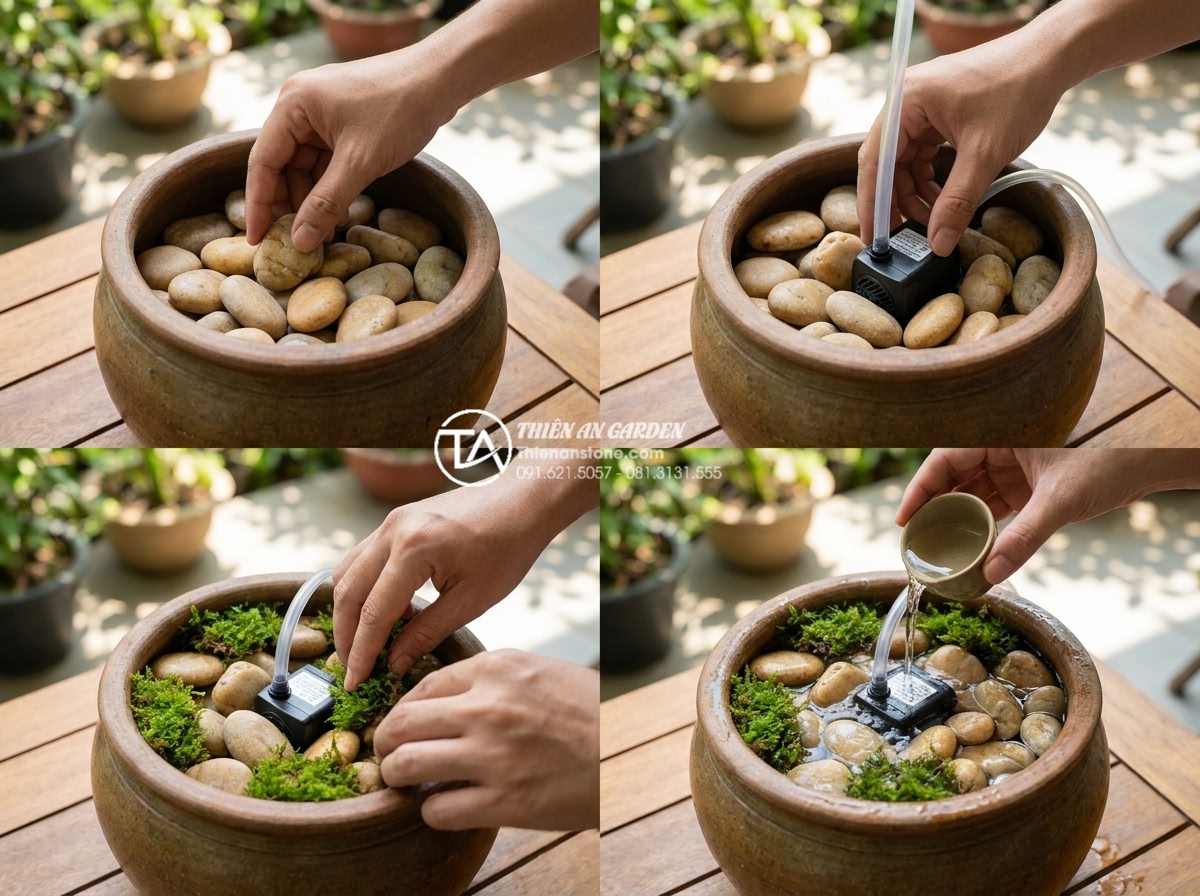 Hướng dẫn cách làm tiểu cảnh trong chum tại nhà đơn giản và chuẩn kỹ thuật - Step-by-step visual guide showing hands arranging natural stones inside ceramic 