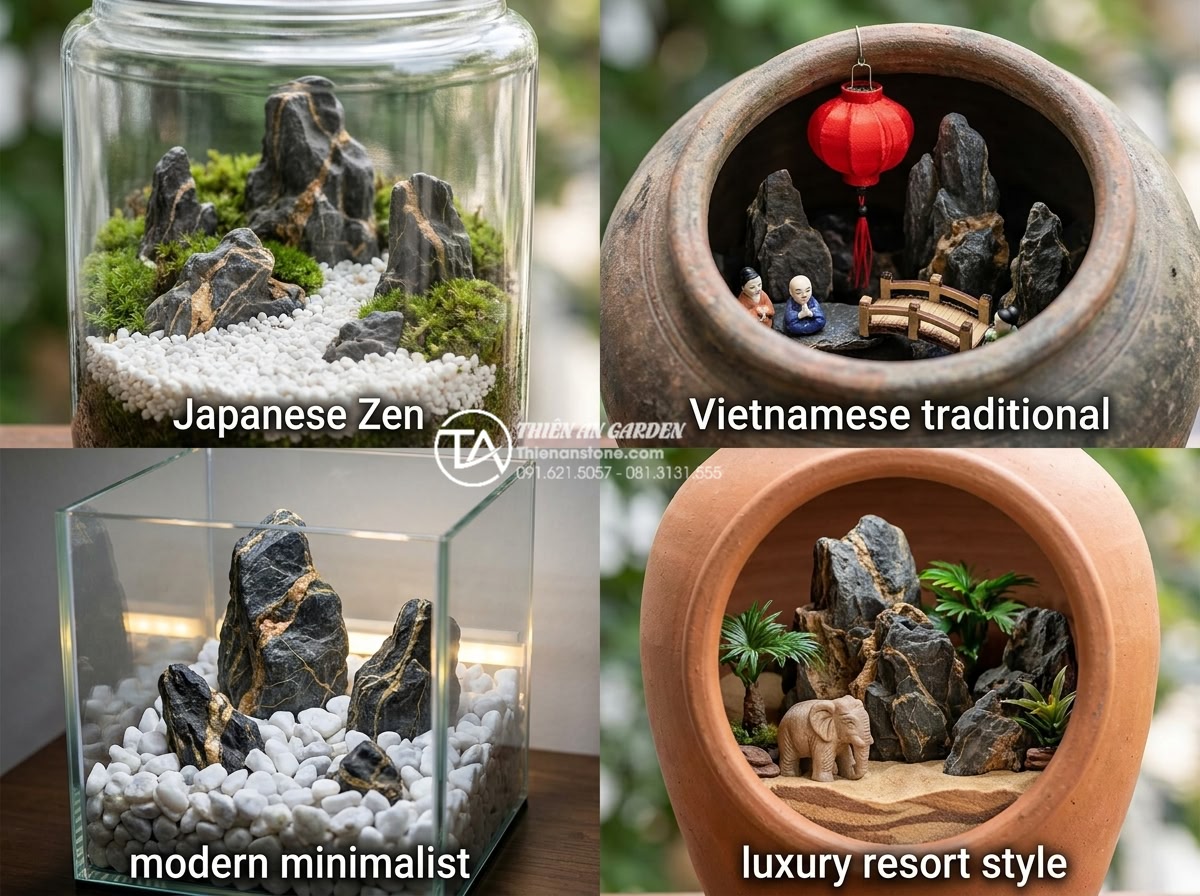 Hướng dẫn cách làm tiểu cảnh trong chum tại nhà đơn giản và chuẩn kỹ thuật - Collage of four different jar landscape styles: Japanese Zen with white pebbles 