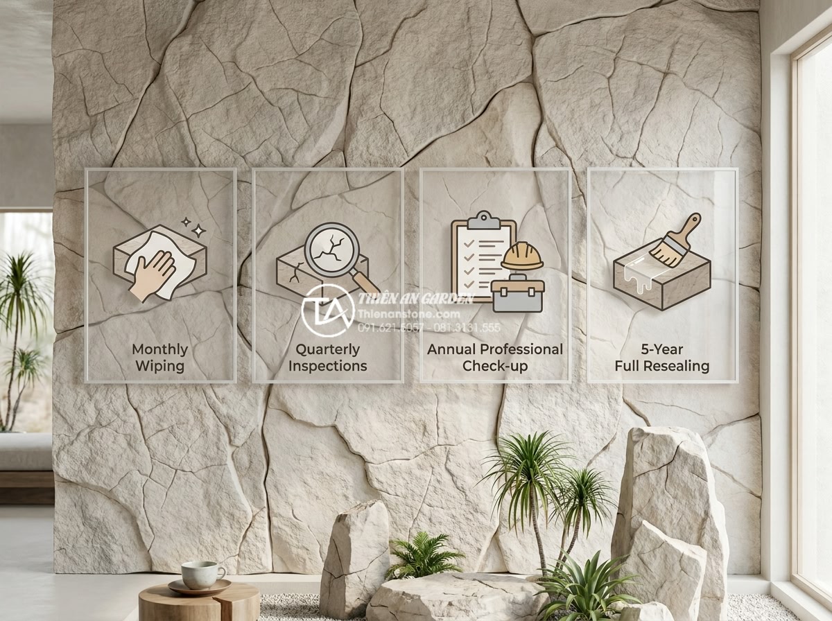 Hướng dẫn chống thấm triệt để cho khu vực làm tiểu cảnh khô trong nhà - Hình 9 Hướng dẫn chống thấm triệt để cho khu vực làm tiểu cảnh khô trong nhà - Educational infographic showing seasonal maintenance calendar for indoor dry sto