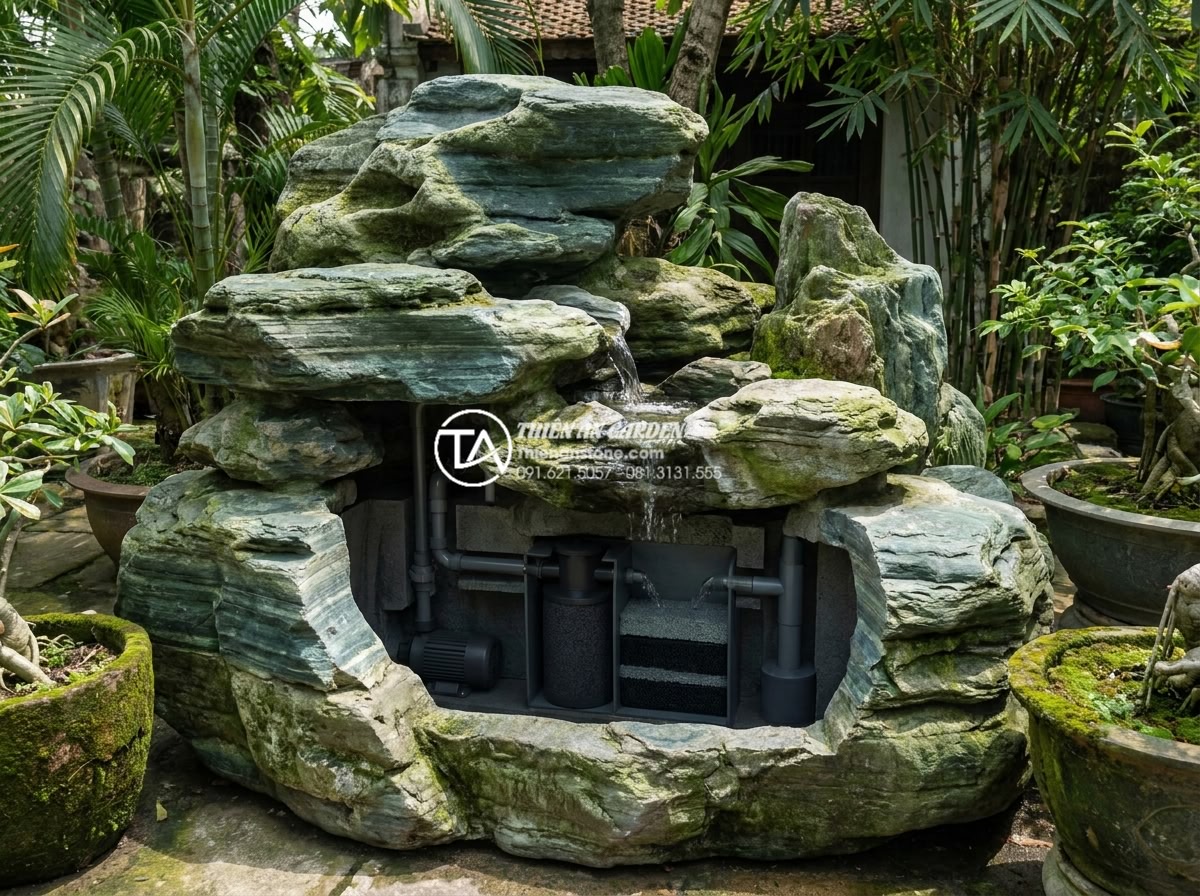 Hướng dẫn tự chế hệ thống lọc nước mini cho tiểu cảnh chum tiết kiệm - 3D conceptual design of hidden filtration system integrated into natural stone g