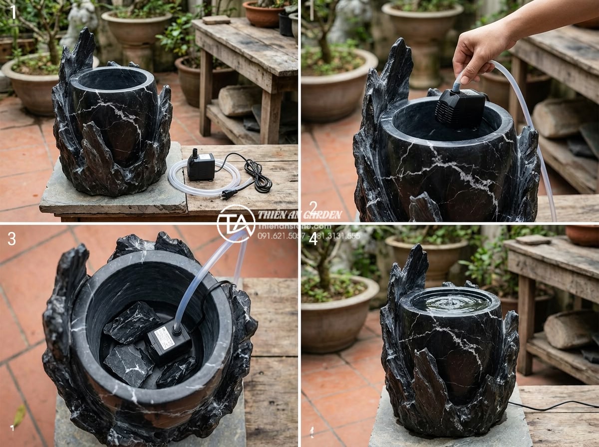 Hướng dẫn tự chế hệ thống lọc nước mini cho tiểu cảnh chum tiết kiệm - Step-by-step installation process photo of placing pump inside stone water jar
