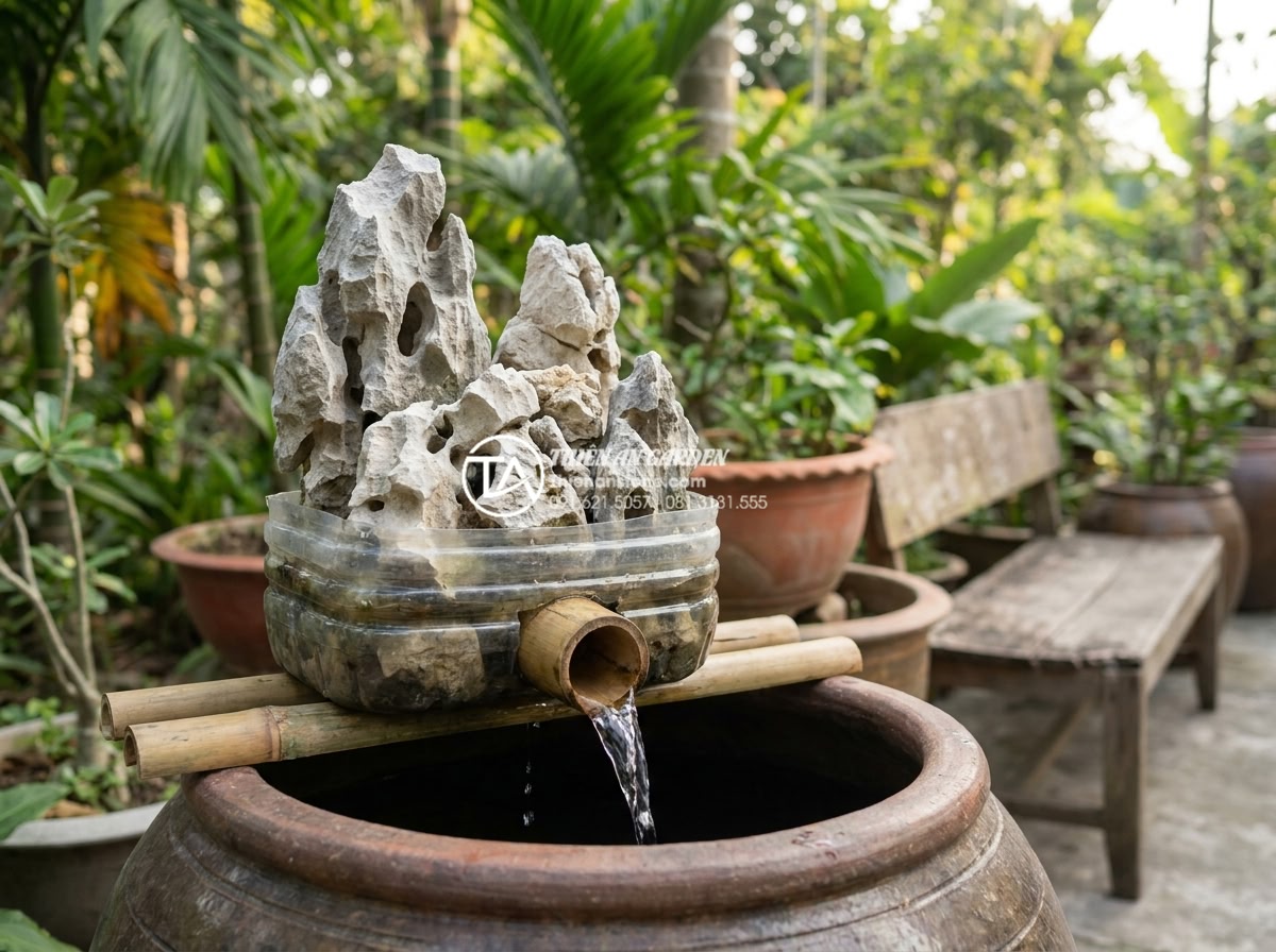Hướng dẫn tự chế hệ thống lọc nước mini cho tiểu cảnh chum tiết kiệm - Clear flowing water in a successfully operating DIY filtration system for garden