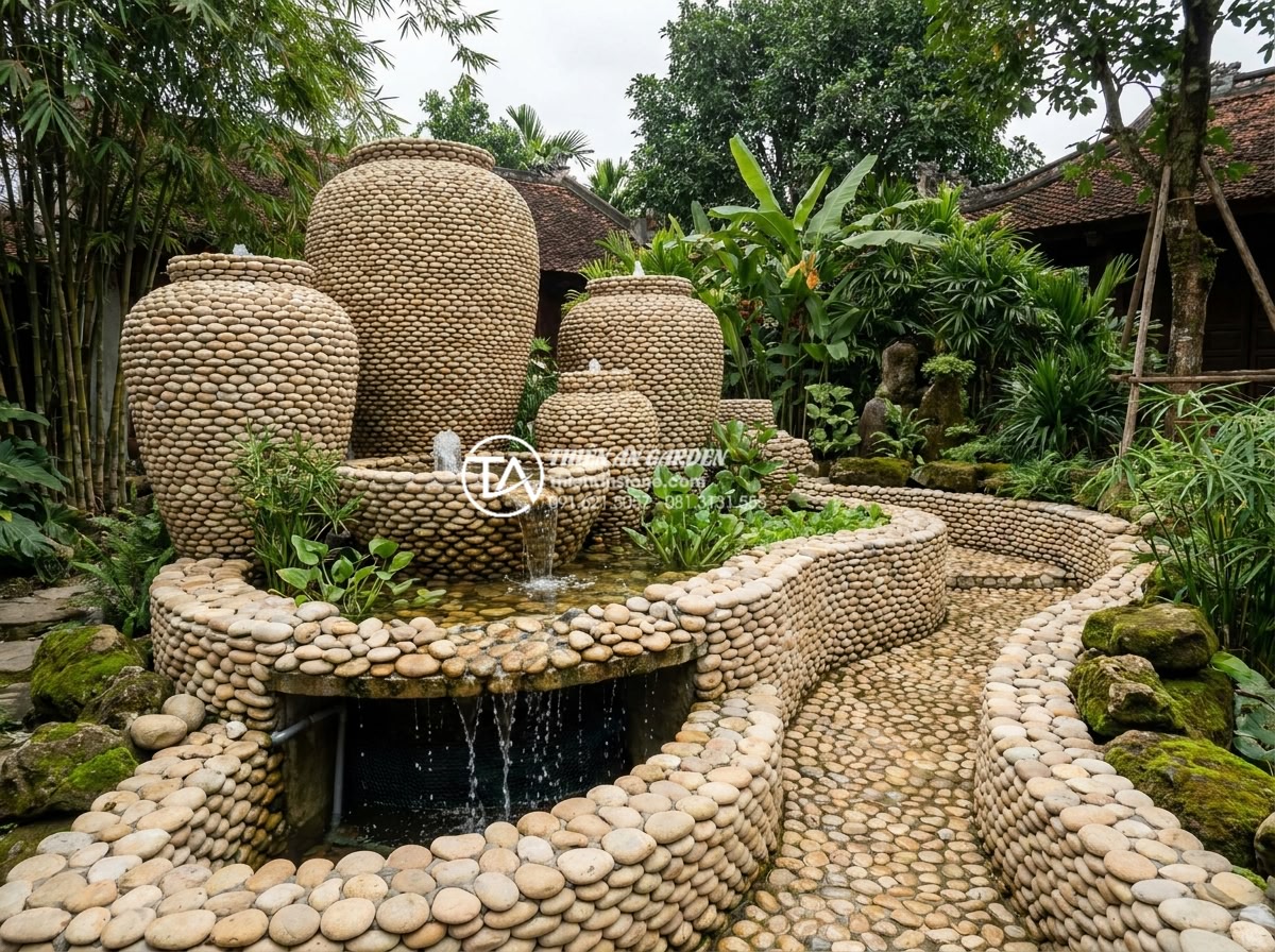 Hướng dẫn tự chế hệ thống lọc nước mini cho tiểu cảnh chum tiết kiệm - Large scale garden water feature with multiple stone jars and integrated filtrat