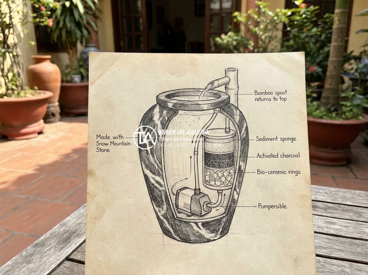 Hướng dẫn tự chế hệ thống lọc nước mini cho tiểu cảnh chum tiết kiệm - Technical diagram sketch of mini water filtration system for decorative stone wa