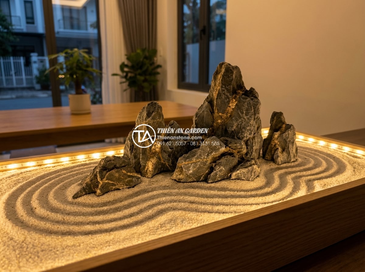 Hướng dẫn tự làm tiểu cảnh khô mini tại nhà chỉ với 5 bước đơn giản - Hình 9 Hướng dẫn tự làm tiểu cảnh khô mini tại nhà chỉ với 5 bước đơn giản - Finished beautiful miniature dry garden in a modern Vietnamese home setting, sto