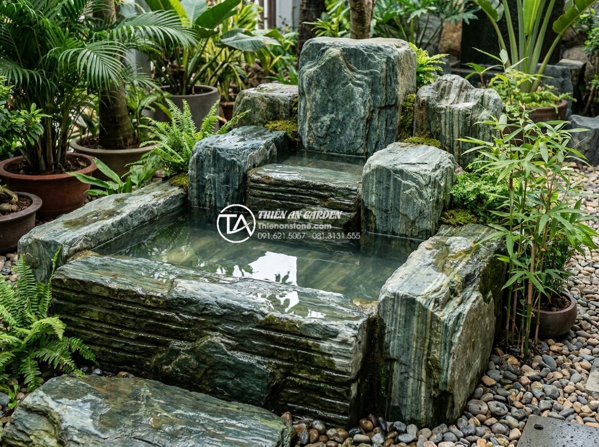 Khắc phục tình trạng chum nước tiểu cảnh bị rò rỉ nước: Hướng dẫn chi tiết - Completed waterproofed stone water feature with clear water level and no visible