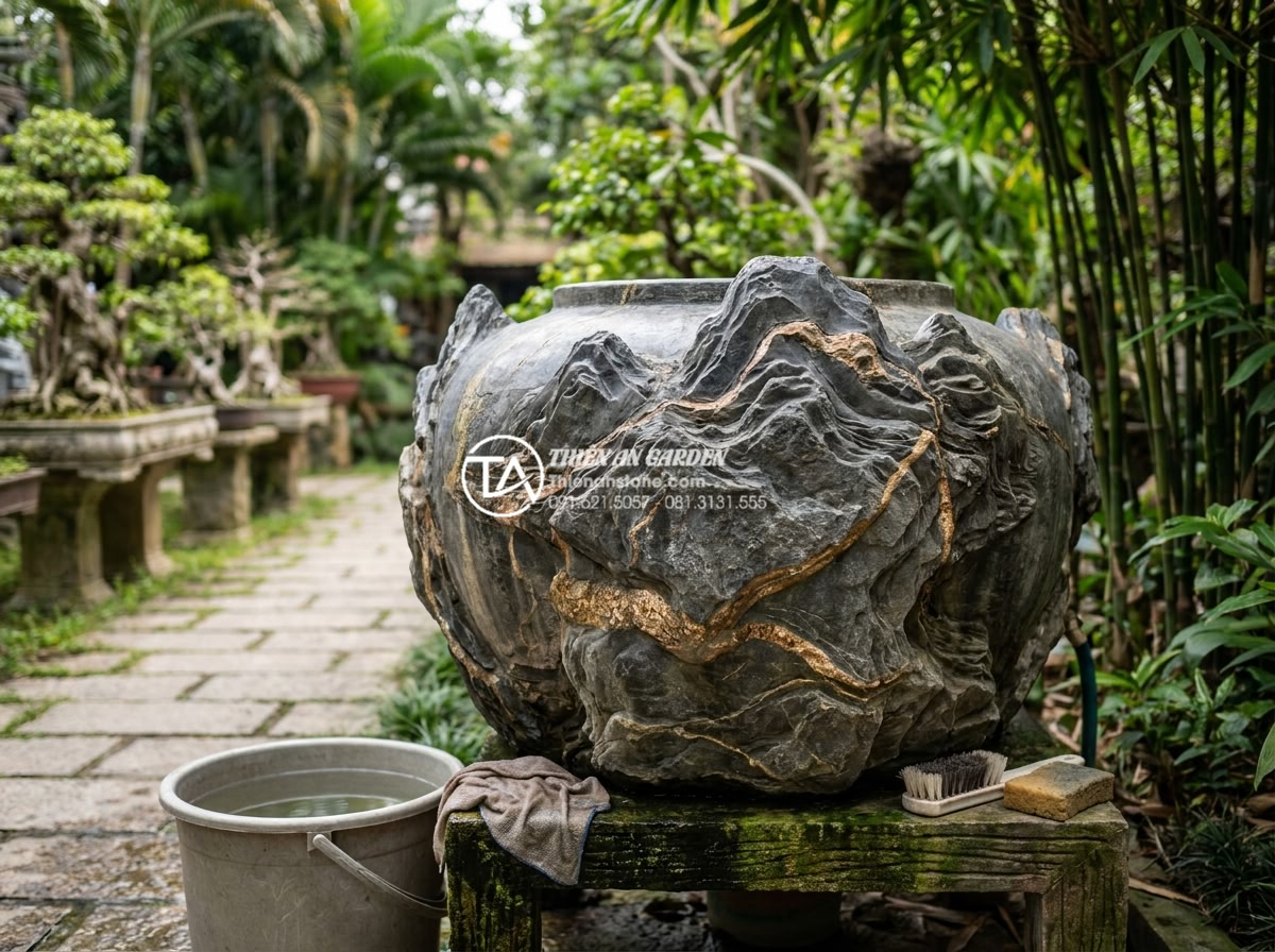 Khắc phục tình trạng chum nước tiểu cảnh bị rò rỉ nước: Hướng dẫn chi tiết - Maintenance worker cleaning and inspecting stone water jar in well-maintained ga