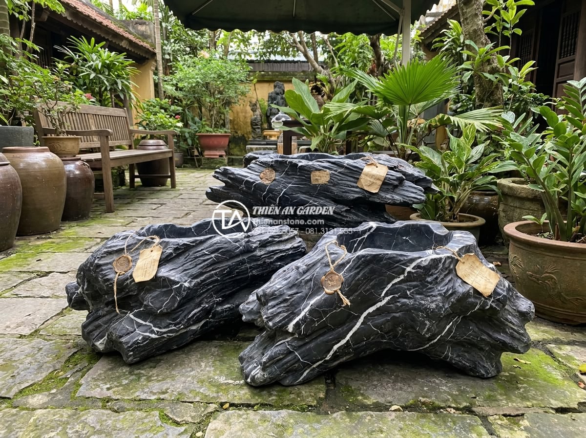 Khắc phục tình trạng chum nước tiểu cảnh bị rò rỉ nước: Hướng dẫn chi tiết - Selection of premium carved stone water pots with visible quality seals and labe