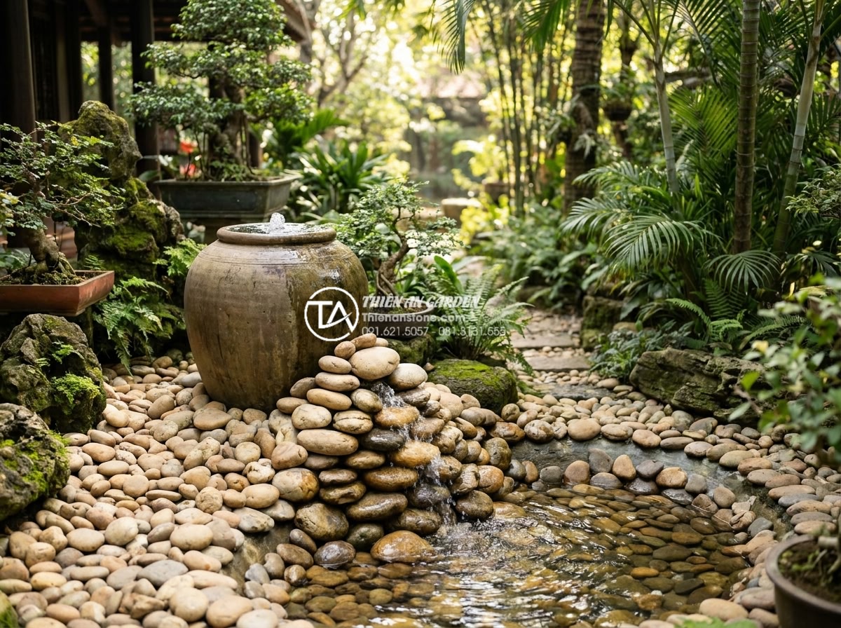 Khắc phục tình trạng chum nước tiểu cảnh bị rò rỉ nước: Hướng dẫn chi tiết - Beautifully integrated stone water jar fountain in full garden design with natur