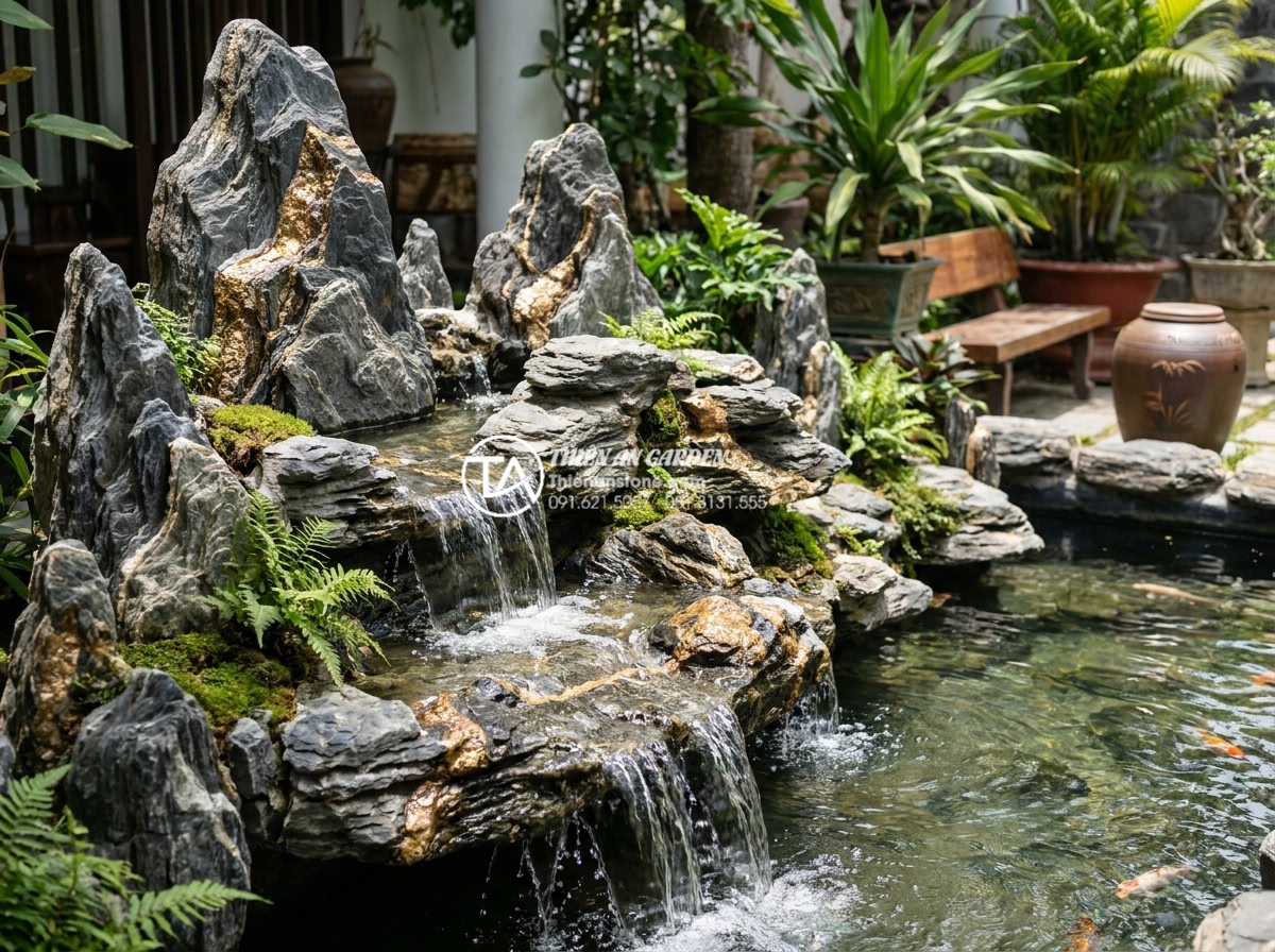Khắc phục tình trạng chum nước tiểu cảnh bị rò rỉ nước: Hướng dẫn chi tiết - Happy homeowner standing beside fully repaired and flowing water feature in back