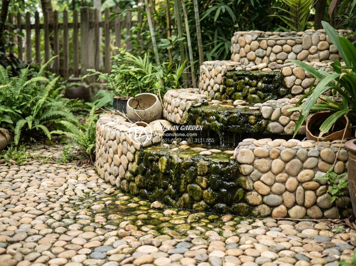 Khắc phục tình trạng chum nước tiểu cảnh bị rò rỉ nước: Hướng dẫn chi tiết - Damaged garden landscape with leaking stone water feature causing moss growth an