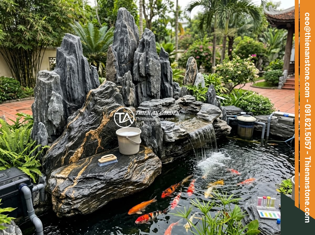 Kinh nghiệm chọn đơn vị thiết kế thi công tiểu cảnh nước uy tín tại Hà Nội & TP.HCM - Detailed maintenance guide visual showing professional cleaning of natural stone