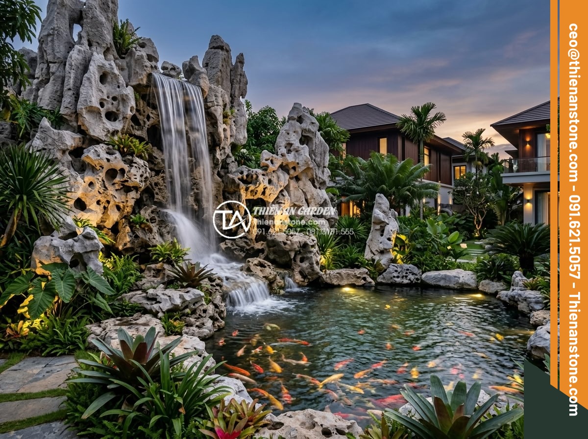 Kinh nghiệm chọn đơn vị thiết kế thi công tiểu cảnh nước uy tín tại Hà Nội & TP.HCM - High-end realistic case study photo of a successful large-scale natural stone wa
