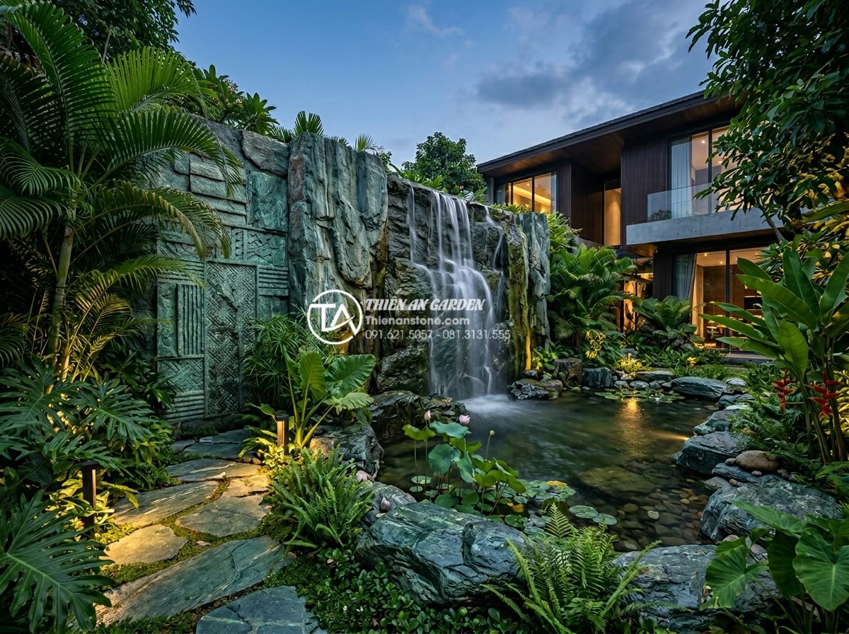 Kinh nghiệm chọn máy bơm cho tiểu cảnh tường nước không gây tiếng ồn - Professional architectural rendering of a modern luxury villa garden featuring a