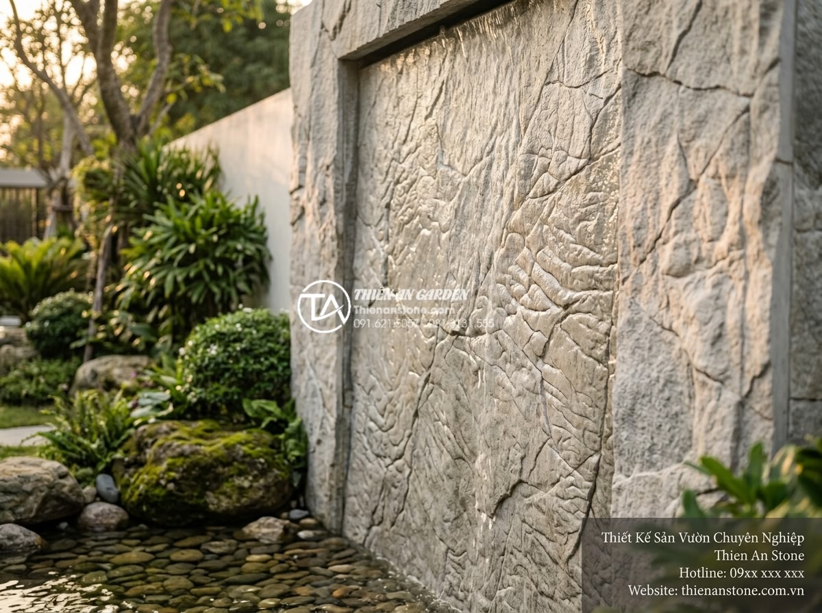 Kinh nghiệm chọn máy bơm cho tiểu cảnh tường nước không gây tiếng ồn - Elegant closing visual of a serene stone water wall at golden hour with soft cas
