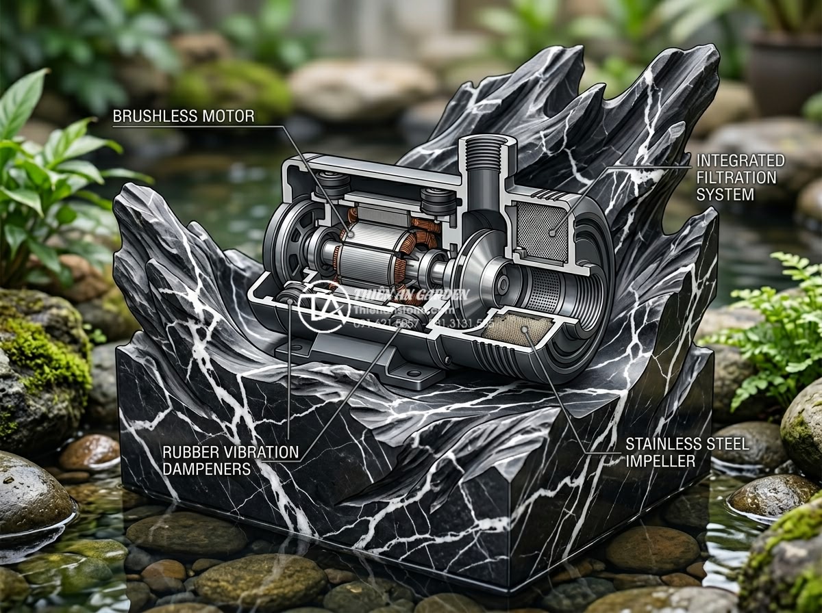 Kinh nghiệm chọn máy bơm cho tiểu cảnh tường nước không gây tiếng ồn - Close-up technical cutaway view of a high-end silent water pump for garden water