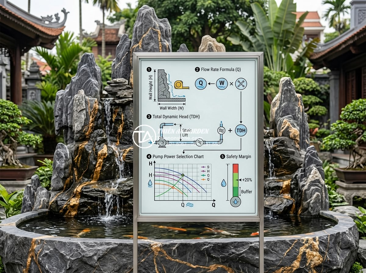 Kinh nghiệm chọn máy bơm cho tiểu cảnh tường nước không gây tiếng ồn - Technical diagram showing step-by-step calculation for water pump sizing in a st