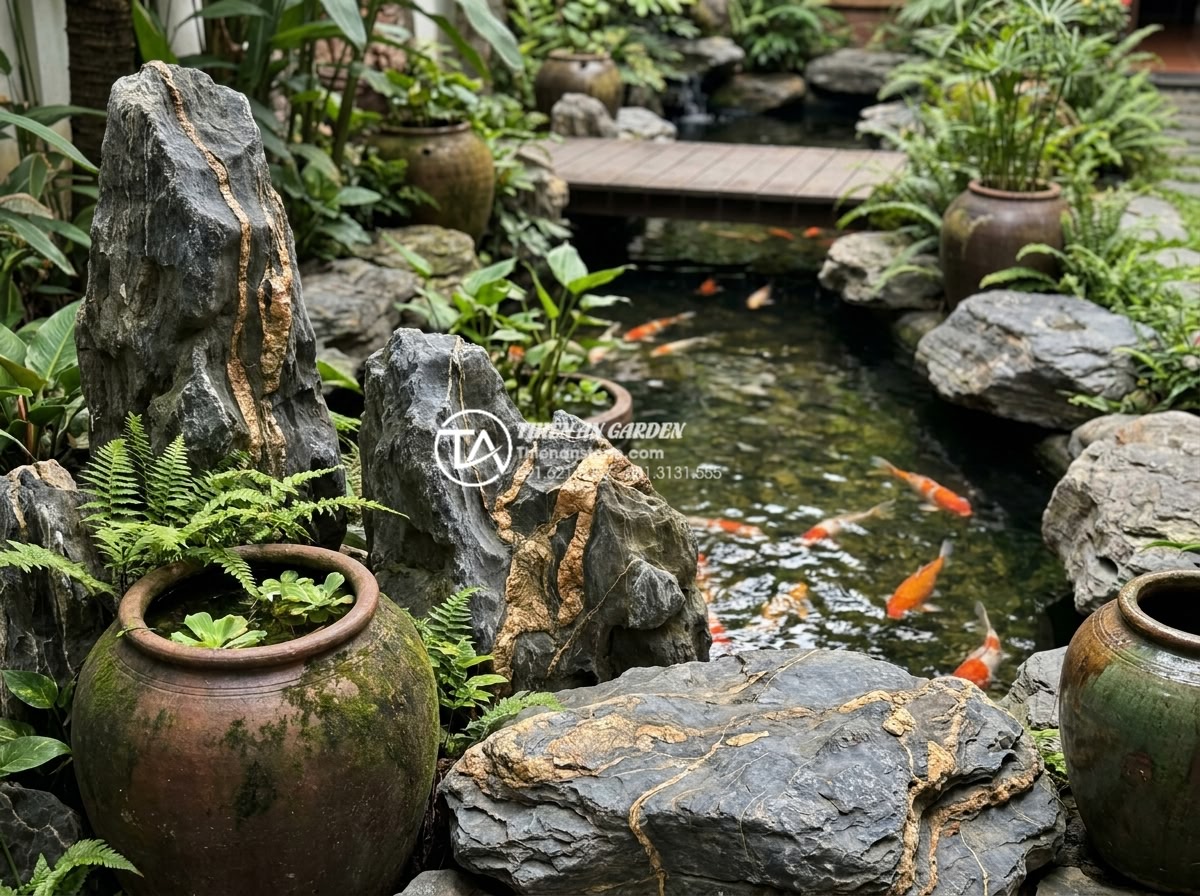 Kinh nghiệm chọn mua chum vại cũ làm tiểu cảnh mang nét hoài cổ - Hình 15 Kinh nghiệm chọn mua chum vại cũ làm tiểu cảnh mang nét hoài cổ - Integration of antique pots with natural stones and koi pond in Vietnamese garde