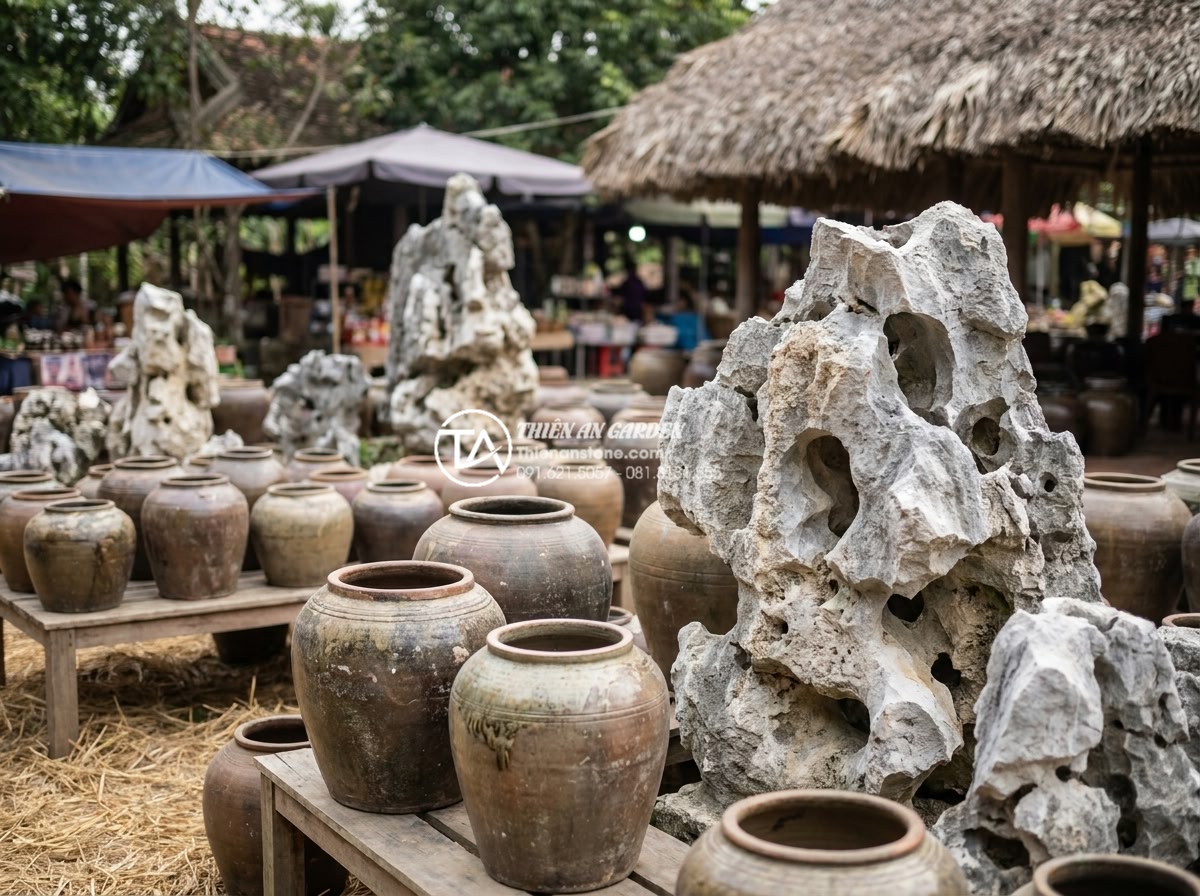 Kinh nghiệm chọn mua chum vại cũ làm tiểu cảnh mang nét hoài cổ - Hình 7 Kinh nghiệm chọn mua chum vại cũ làm tiểu cảnh mang nét hoài cổ - Person examining authentic old ceramic jars at traditional Vietnamese pottery vi