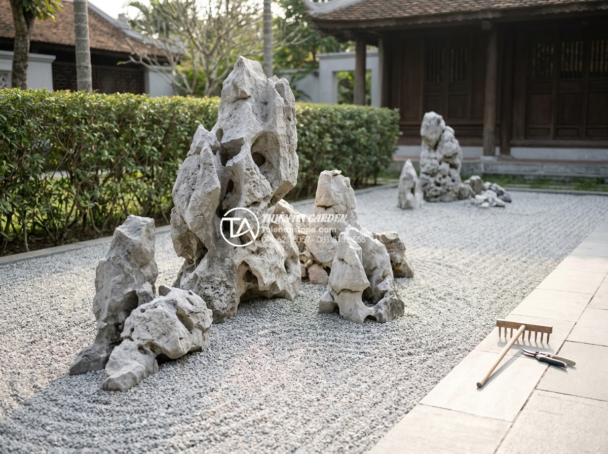 Kinh nghiệm vệ sinh sỏi và đá trong tiểu cảnh khô luôn sạch như mới - Hình 10 Kinh nghiệm vệ sinh sỏi và đá trong tiểu cảnh khô luôn sạch như mới - Team of professional landscapers from Thien An Stone performing expert maintenan