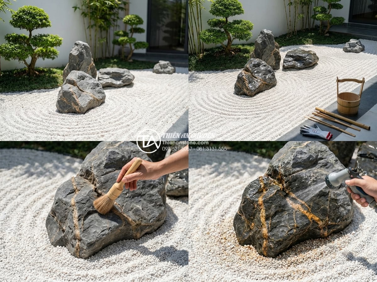 Kinh nghiệm vệ sinh sỏi và đá trong tiểu cảnh khô luôn sạch như mới - Hình 4 Kinh nghiệm vệ sinh sỏi và đá trong tiểu cảnh khô luôn sạch như mới - Step-by-step professional cleaning process of dry rock garden showing expert usi
