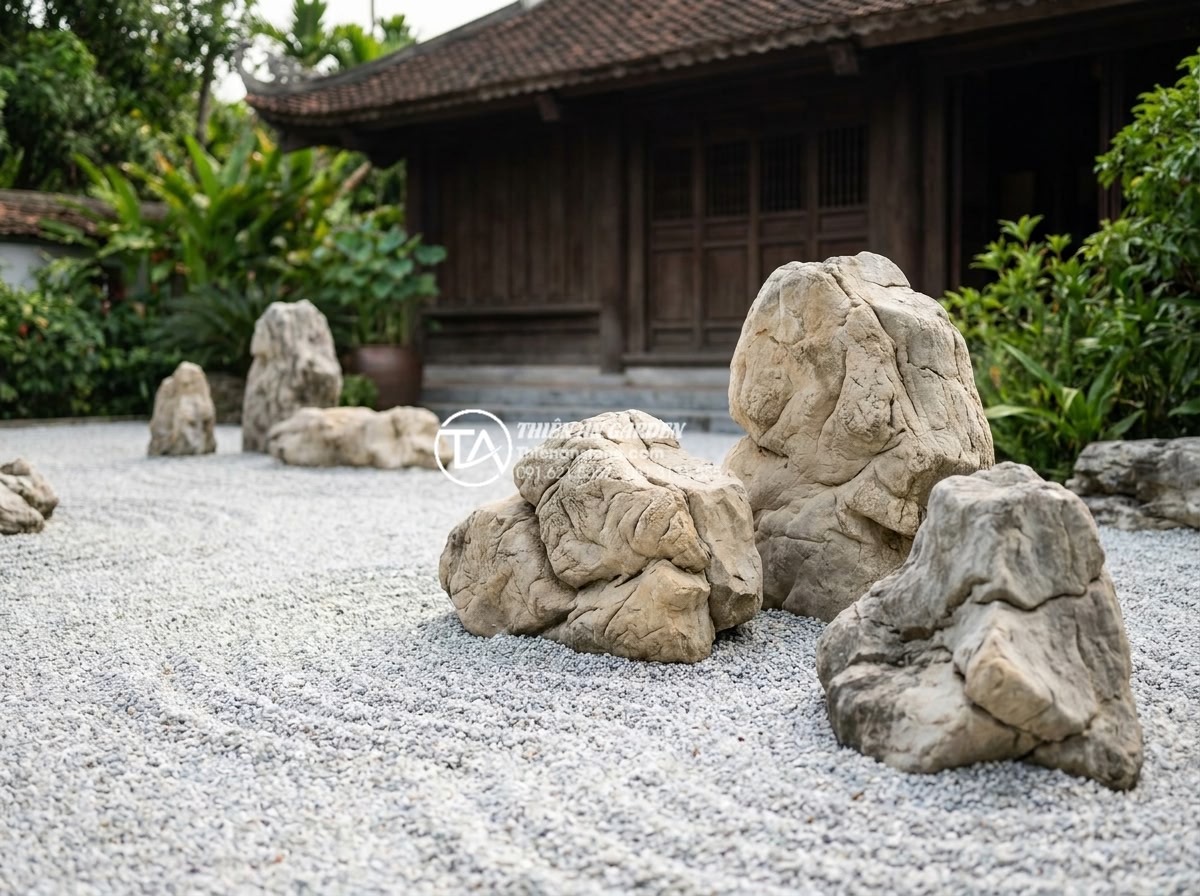 Kinh nghiệm vệ sinh sỏi và đá trong tiểu cảnh khô luôn sạch như mới - Hình 9 Kinh nghiệm vệ sinh sỏi và đá trong tiểu cảnh khô luôn sạch như mới - Beautifully maintained luxury dry rock garden in Vietnamese villa showing sparkl