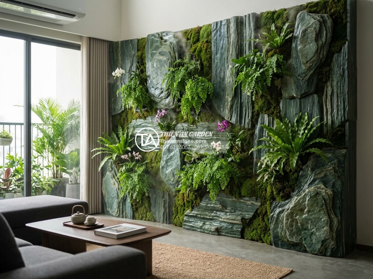 Làm thế nào để duy trì độ ẩm lý tưởng cho tiểu cảnh treo tường trong phòng máy lạnh? - Hình 1 Làm thế nào để duy trì độ ẩm lý tưởng cho tiểu cảnh treo tường trong phòng máy lạnh? - Detailed professional photograph of a luxurious vertical wall garden made from n