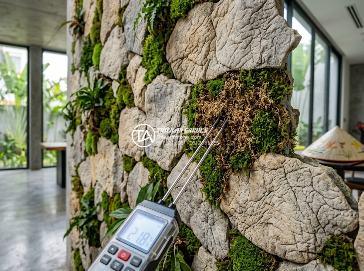 Làm thế nào để duy trì độ ẩm lý tưởng cho tiểu cảnh treo tường trong phòng máy lạnh? - Hình 18 Làm thế nào để duy trì độ ẩm lý tưởng cho tiểu cảnh treo tường trong phòng máy lạnh? - Expert technician diagnosing humidity problem on natural stone vertical garden u