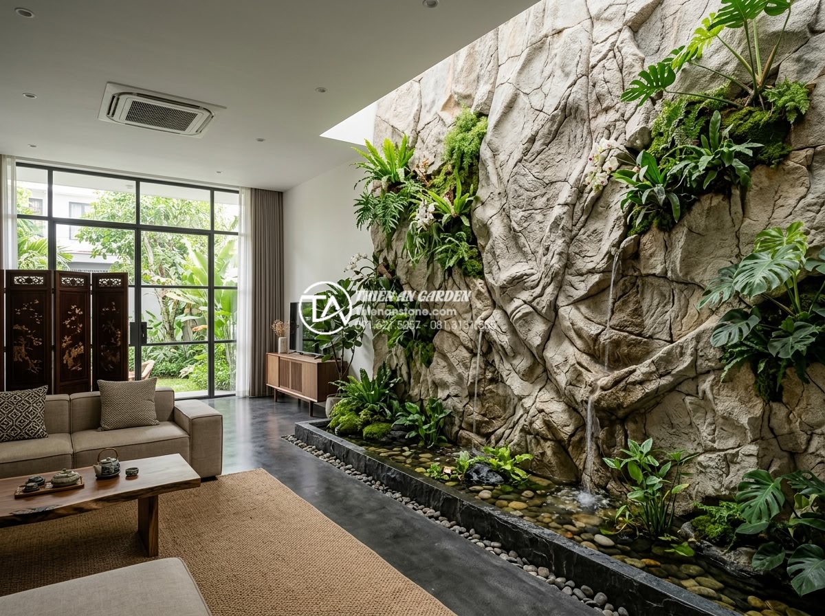 Làm thế nào để duy trì độ ẩm lý tưởng cho tiểu cảnh treo tường trong phòng máy lạnh? - Hình 4 Làm thế nào để duy trì độ ẩm lý tưởng cho tiểu cảnh treo tường trong phòng máy lạnh? - Elegant wide-angle view of artistic stone wall water feature combined with verti