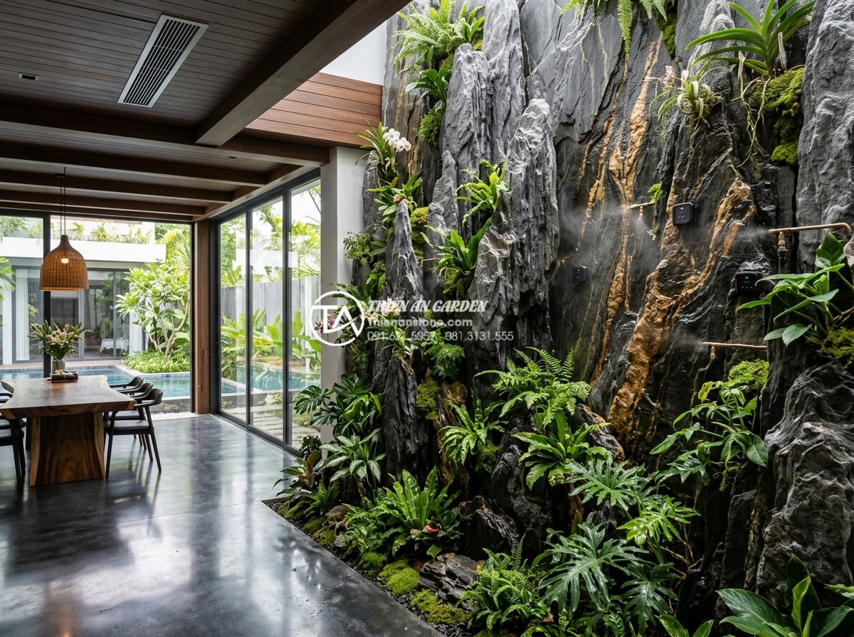 Làm thế nào để duy trì độ ẩm lý tưởng cho tiểu cảnh treo tường trong phòng máy lạnh? - Hình 6 Làm thế nào để duy trì độ ẩm lý tưởng cho tiểu cảnh treo tường trong phòng máy lạnh? - Professional architectural rendering of modern Vietnamese villa interior with la