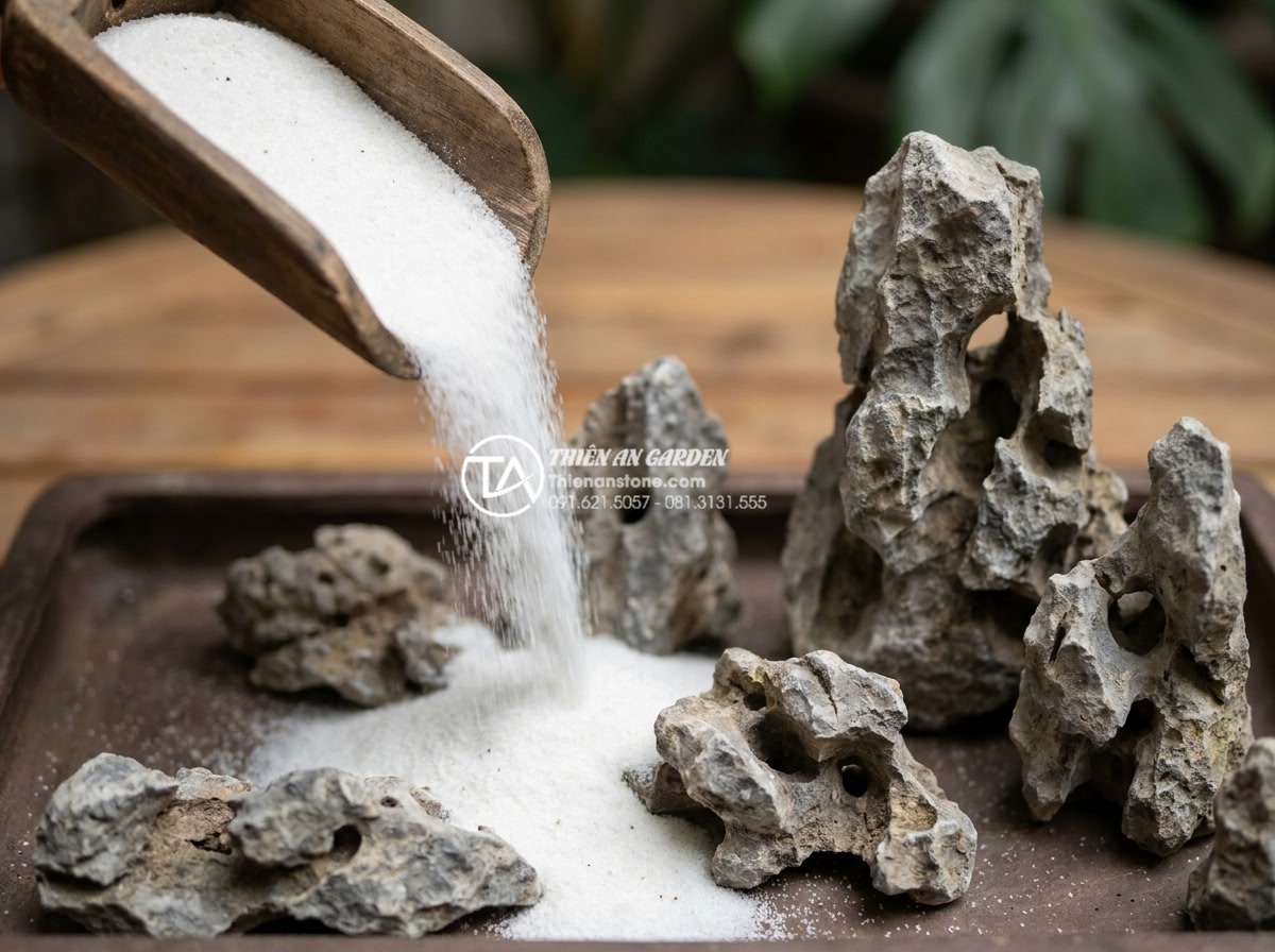 Làm thế nào để giữ cho cát trắng trong tiểu cảnh khô luôn trắng sáng? - Hình 10 Làm thế nào để giữ cho cát trắng trong tiểu cảnh khô luôn trắng sáng? - Premium white sand being poured into a dry miniature landscape base with stones