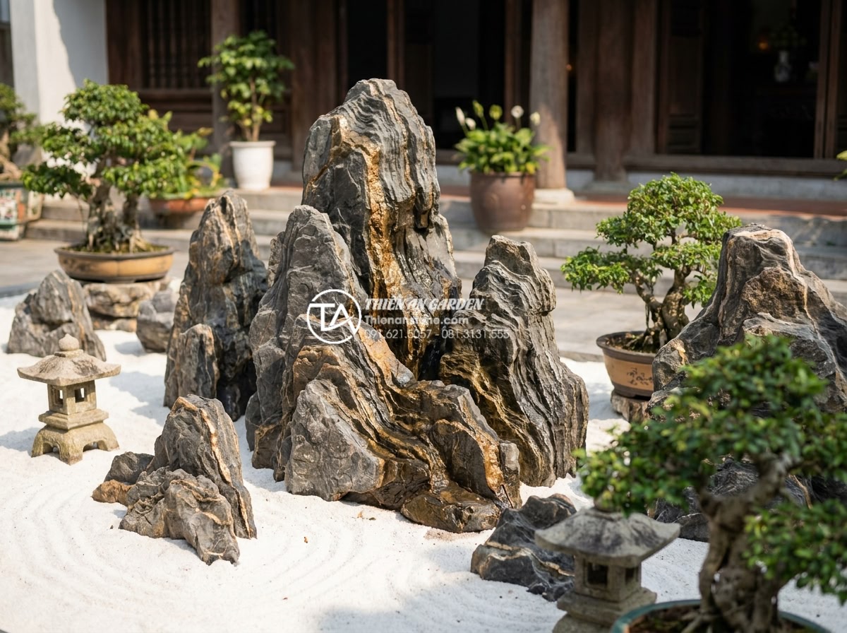 Làm thế nào để giữ cho cát trắng trong tiểu cảnh khô luôn trắng sáng? - Hình 11 Làm thế nào để giữ cho cát trắng trong tiểu cảnh khô luôn trắng sáng? - Artistic combination of bright white sand with natural carved stones and sculptu